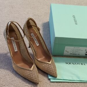 Authentic Aquazzura Metallic Gold Mesh Heels